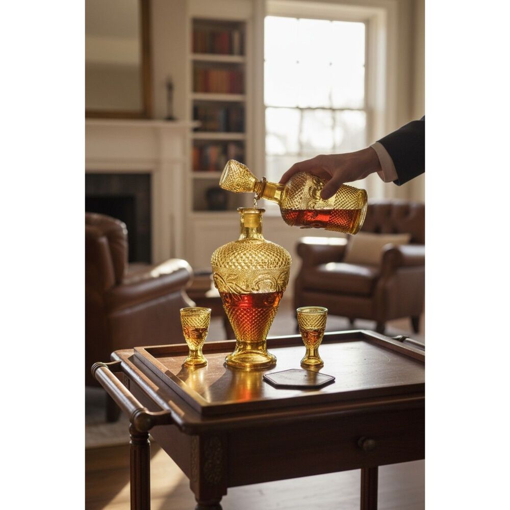 Vintage Amber Glass Decanter and 3 Glasses -_ ITEM #3536